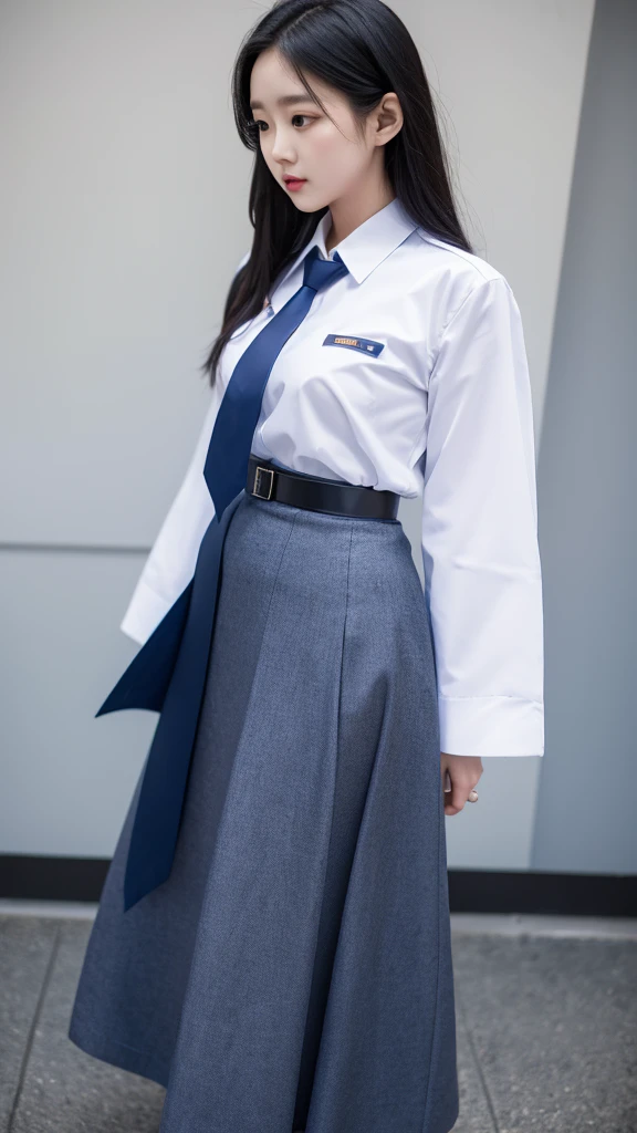 girl, convent, white shirt, long sleeves, loose necktie, navy blue long skirt, black belt,
