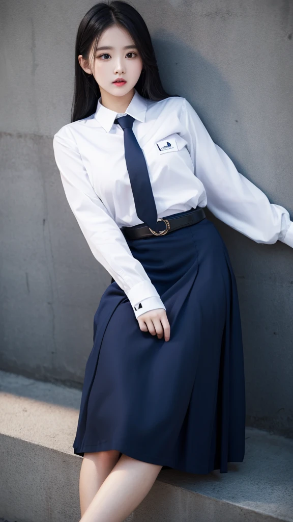 girl, convent, white shirt, long sleeves, loose necktie, navy blue long skirt, black belt,