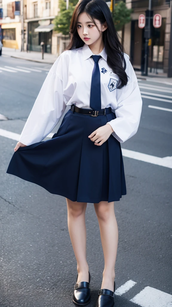 girl, convent, white shirt, long sleeves, loose necktie, navy blue long skirt, black belt,