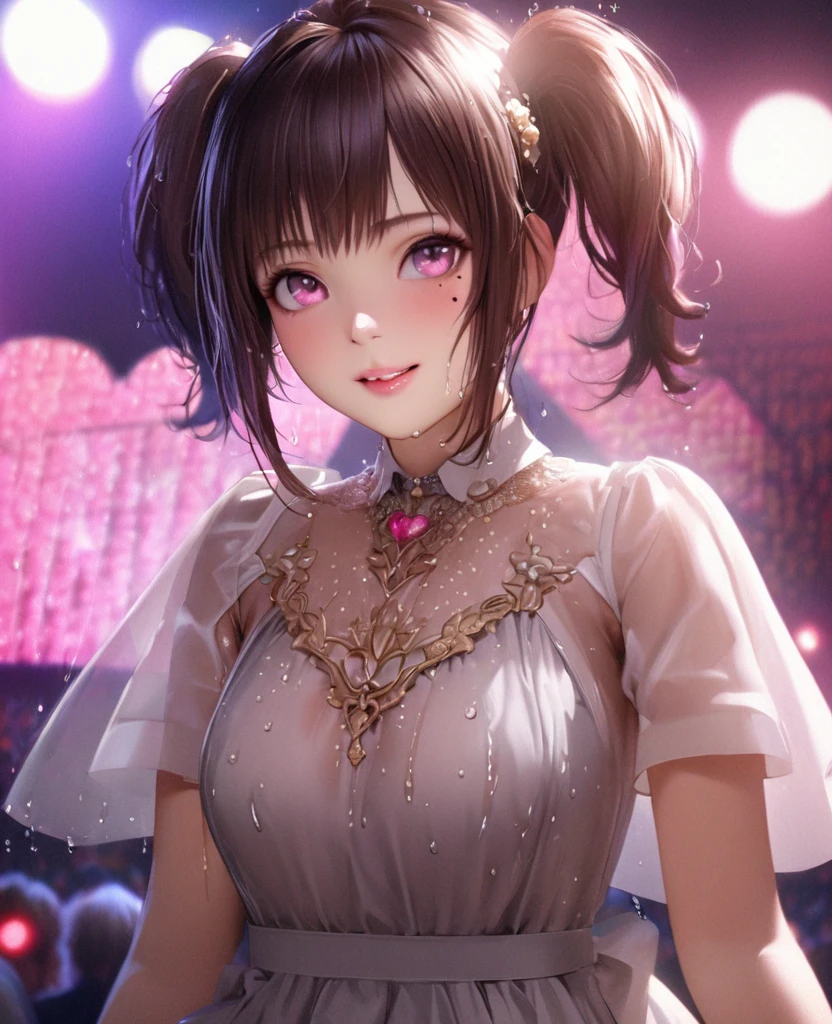 One Girl、Looking at the audience、lovely,
Beautiful pink eyes、short twin tail hair , Mole under the eye、Plump and glossy lips、Heart-shaped choca、Idol、Her name is Rico,smile、ー、。.。.。.。.。.。.。.。.。.。.。.。.。.。.。.。.。.。.3D、Realistic、
The idol's costume was soaked in the heavy rain, and her chest was wet and transparent.Heavy rain at outdoor concert, Drape clothes、gem、The decoration has been removed、Floral、Lace trim,On a glittering stage、
masterpiece、highest quality、8k、Detailed skin texture、Detailed cloth texture、Beautifully detailed face、Intricate details、Very detailed、
超A high resolution、8k Ultra HD、Film Grain、Best Shadow、delicate、Gazing at the audience、front