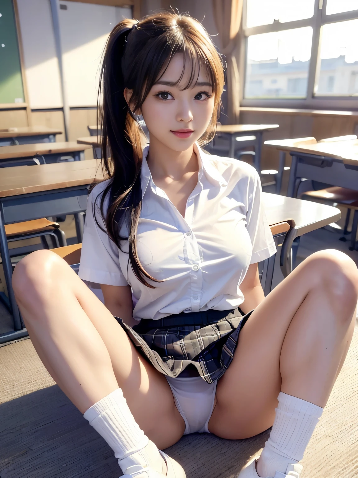ultra highres,(reality: 1.4),highest quality, masterpiece, high detail, 16K quality, beautiful, 1 beautiful girl,japanese,super beautiful face,baby face,japanese idol face,cute face,hyper detailed face,detailed hand,beautiful skin,glossy skin,big eyes,big smile,profeccional lighting,face light,(sitting with knee up),((spread legs)),checked skirt,skirt lift,(((show off panties))),((white panties)),white shirt,open shirt,high socks,medium breasts,pony tail, black hair,brown beautiful eyes, nsfw,she is looking at the camera,classroom,