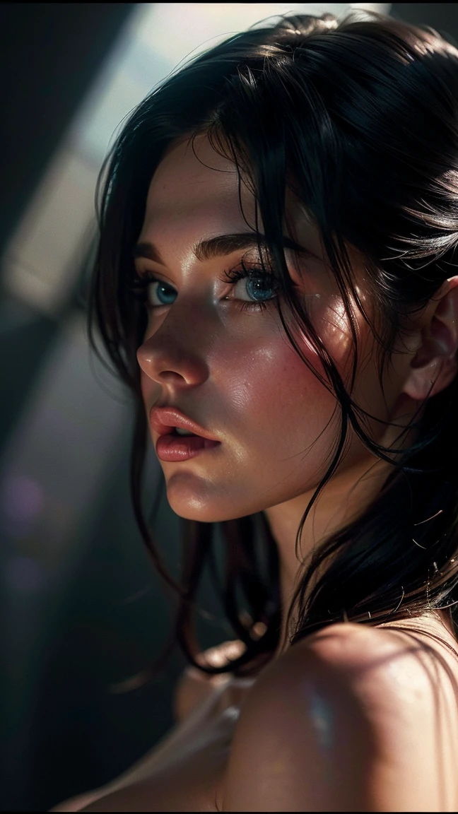 (((ultra realistic))) Photo, masterpiece, top quality, (pale skin), (Ultra detailed face and eyes:1.3), 1 girl, Adult, naked, (Eye makeup, mascara) , ((large detailed lips)), ((long black hair)), ((Chyolka)) , (Natural breasts), Slim waist. ((Posing)), photoshoot, studio (soft lighting), (The play of light and shadows), depth of field, bokeh, (special attention to skin detail: 1.2), Detailed leather texture, skin pores. (Warm atmosphere of the frame. Color range: black, purple, Pink, blue tones), UDR, ((Film grain)), ((rays)), ((Glare)), ((waist up portrait)) , ultra detailed,