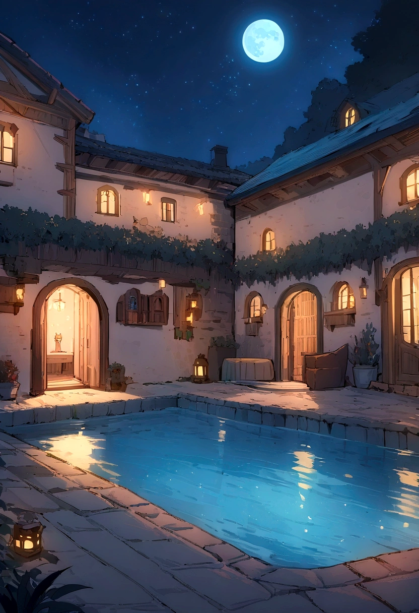 ((((masterpiece, Highest quality, High resolution)))), High detail, manga，anime，Illustration Style，Great use of color，Ghibli Studio Colors, The fantasy world of medieval Europe, Holiday home with pool, Starry Sky, Beautiful indoor small hot spring pool、Sparkling water gushes forth in the moonlight., Large space，No humans, RPG-like scenery, 空は満天のStarry Skyで、Blue and beautiful, And the crescent moon shines brightly, Creates a magical and comfortable atmosphere, The night is quiet and magical.