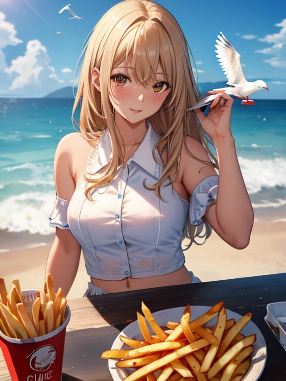 Seagulls and French fries, Seagull and Fries, UHD, retina, masterpiece, ccurate, anatomically correct, textured skin, super detail, high details, high quality, best quality, highres, 4K