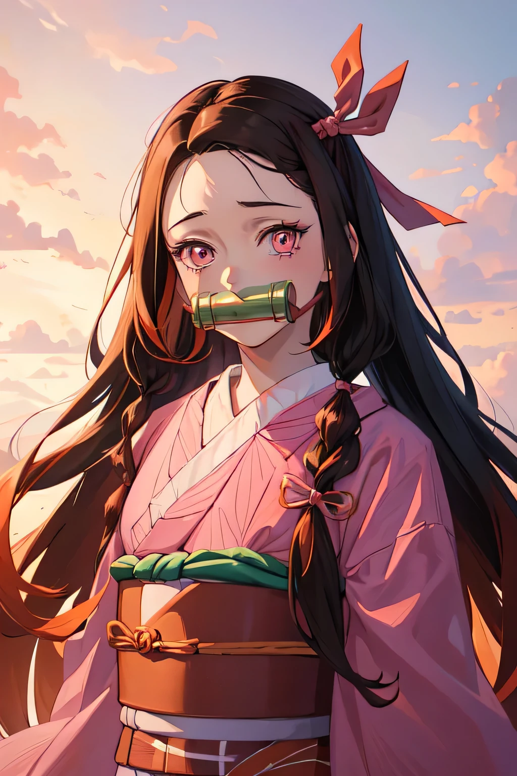((masterpiece)), nezuko, One girl, bit gag, Brown Hair, Checked sash, gag, gagged, Gradient Hair, hair ribbon, Haori, kimono, kimono, Long Hair, View your viewers, Multicolored Hair, Orange Hair, Pink Eyes, pink kimono, pink ribbon, ribbon, alone, Upper Body,