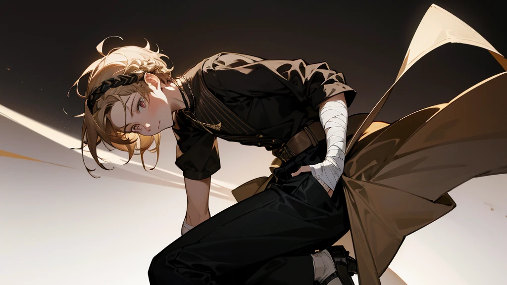 masterpiece,One boy, alone, Simple Background, View your viewers, A light smile, Metal Necklace, room, bandage, Black trousers, troublemaker, Yankee, accessories, Light brown two-tone hair color, Unique Hairstyles, fashionable, French Braid, Simple Background, Black background, whole body, Strange Eyes