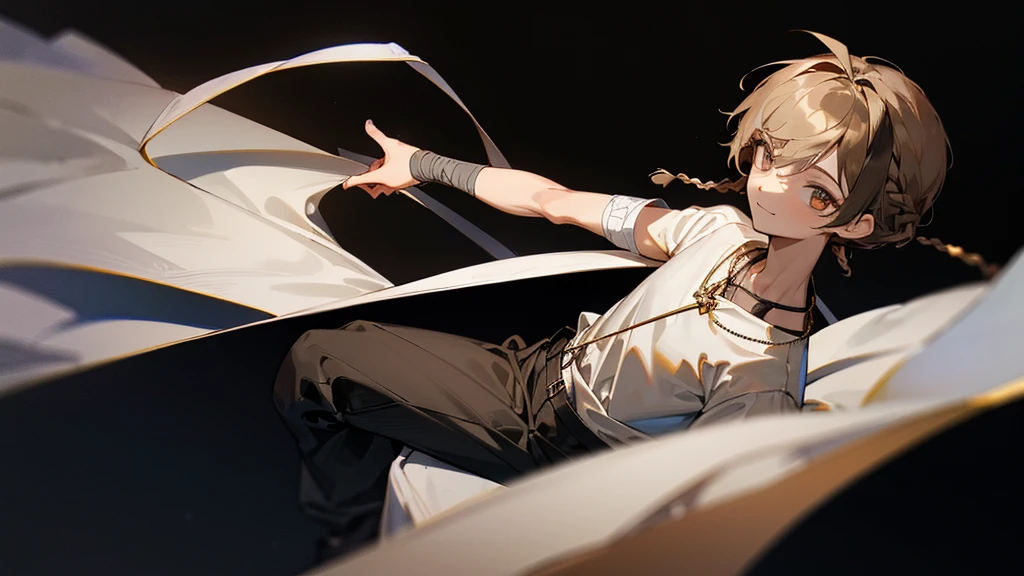 masterpiece,One boy, alone, Simple Background, View your viewers, A light smile, Metal Necklace, room, bandage, Black trousers, troublemaker, Yankee, accessories, Light brown two-tone hair color, Unique Hairstyles, fashionable, French Braid, Simple Background, Black background, whole body, Strange Eyes