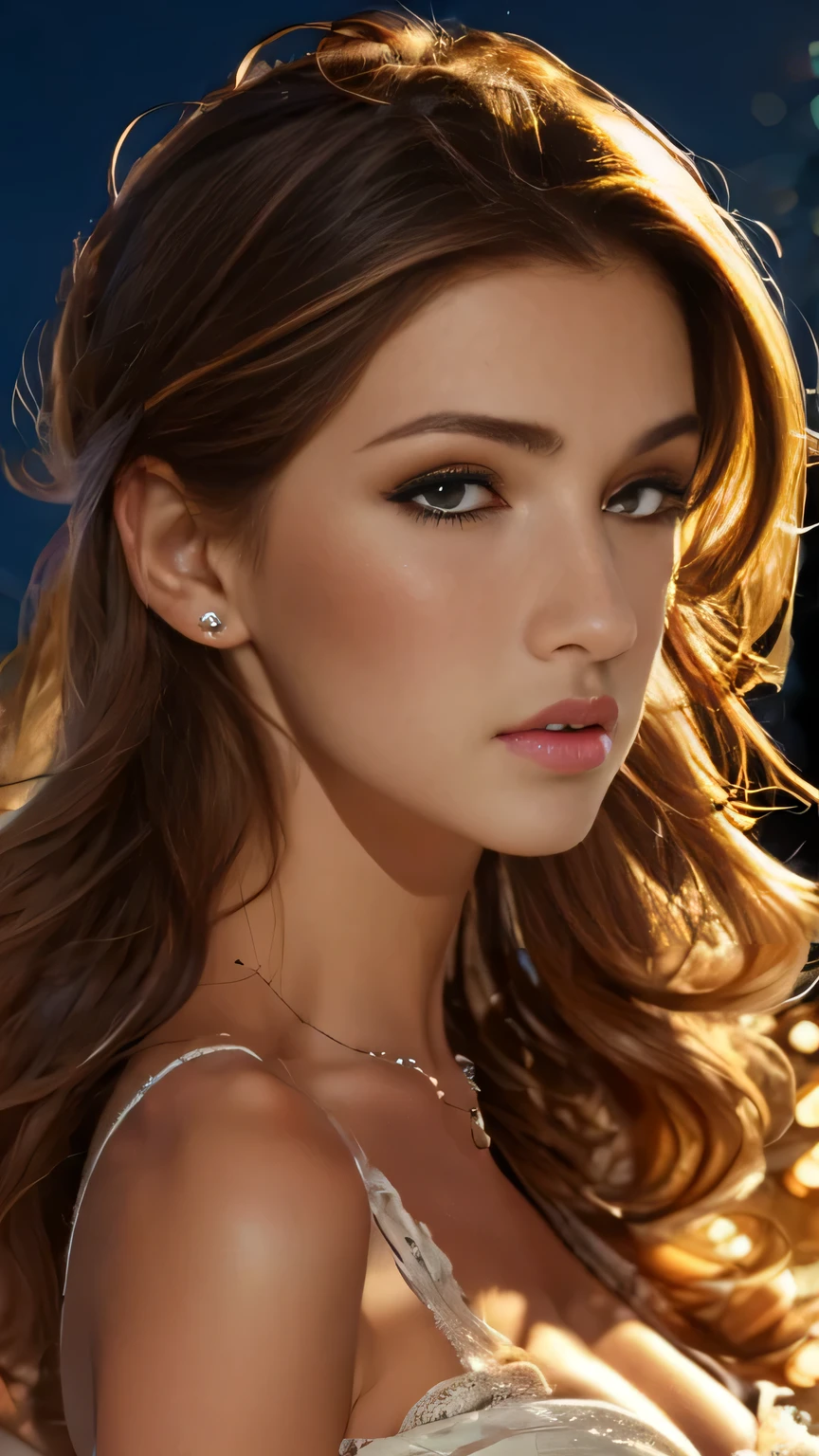 (Big moon background)、View from below、Dark Night、1girl, The most beautiful model、Age 25、White corset dress、masterpiece, 最high quality, high quality, High resolution, Big Tits, ((Face close-up)), Face close-up、