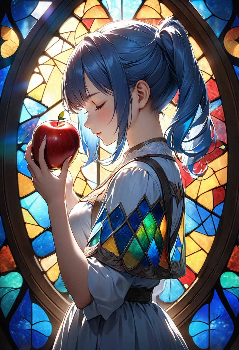 High quality stained glass art, a picture of a girl with blue twintails holding an apple in one hand, closing her eyes and looking down.The realistic glow of stained glass,Fantastic view from behind the stained glass The condition of the light,Stained glass background pattern based on blue,(High resolution, high precision images, 4k, 8k:1.2),ultra detail,