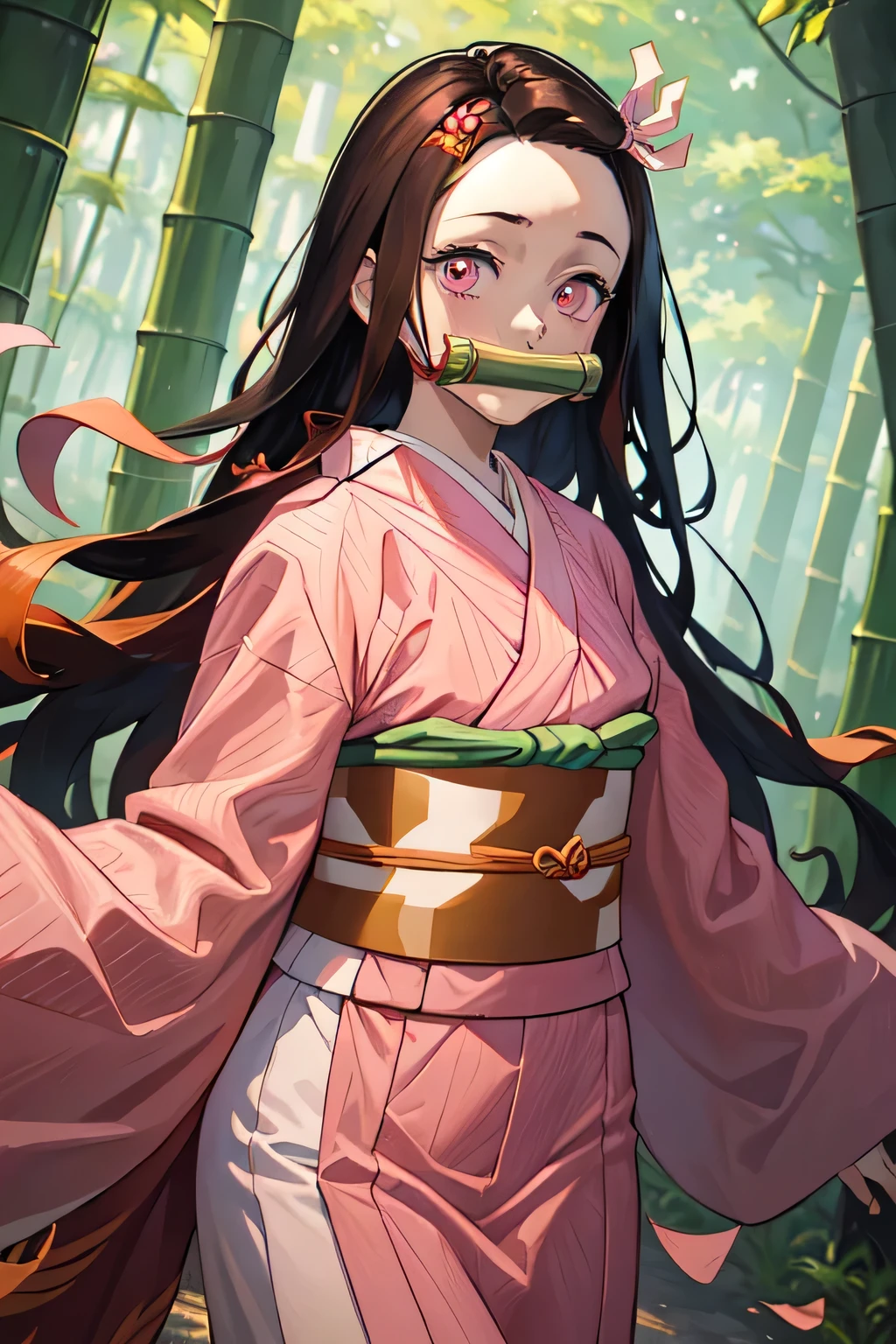 ((masterpiece)), nezuko, One girl, bamboo, bit gag, Brown Hair, Checked sash, gag, gagged, Gradient Hair, hair ribbon, Haori, kimono, kimono, Long Hair, View your viewers, Multicolored Hair, Orange Hair, Pink Eyes, pink kimono, pink ribbon, ribbon, alone, Upper Body, 