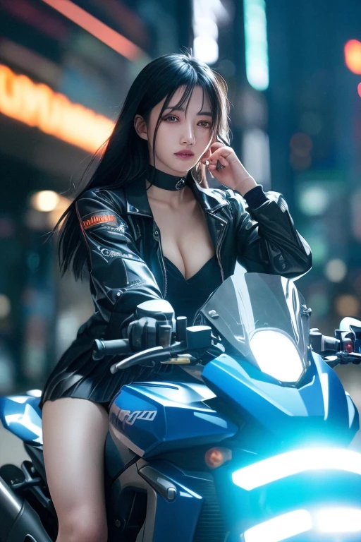 a beautiful cyberpunk girl with long black hair, wearing a shiny mechanic white collared button-up shirt and a navy blue box pleated cyberpunk skirt, riding a CBR400R motorcycle at high speed, (best quality,4k,8k,highres,masterpiece:1.2),ultra-detailed,(realistic,photorealistic,photo-realistic:1.37),extremely detailed eyes and face,longeyelashes,highly detailed cyberpunk, hyper-detailed, studio lighting, physically-based rendering, vivid colors, dynamic motion blur, moody cinematic lighting, neon lights, futuristic, dark, dramatic