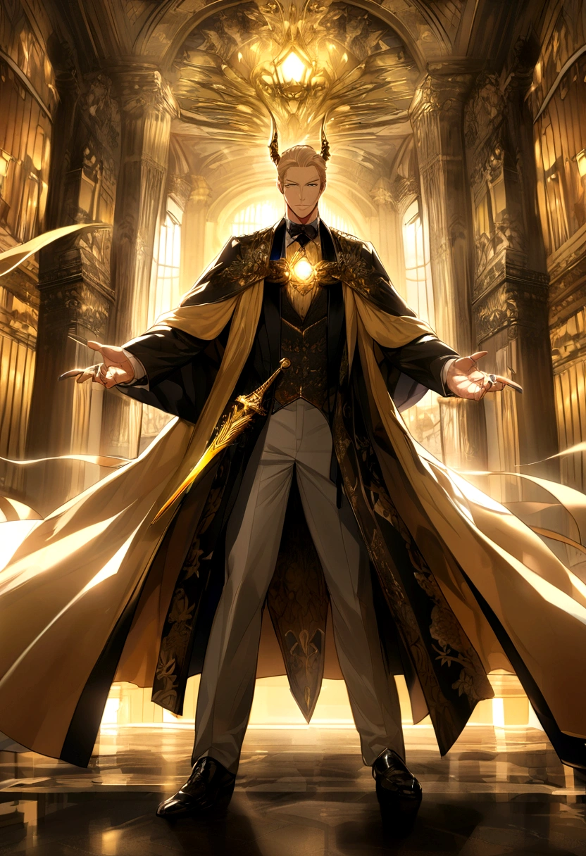 Mature handsome boy、blond hair、Golden mighty dragon horn、Golden Eyes、gem pupil，dragon pupils、Handsome robe、Elegant smile、Gentleman&#39;s demeanor、Royal palace background、A golden dagger hovering on the fingertips