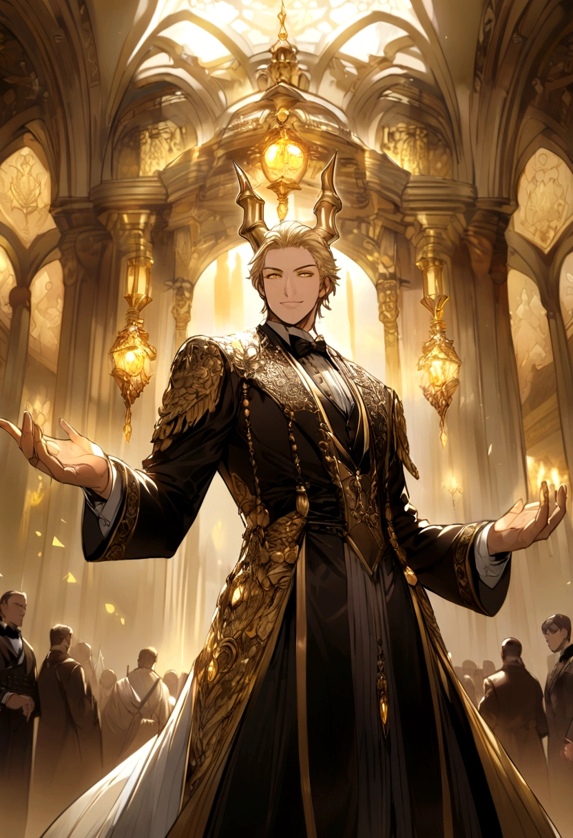 Mature handsome boy、blond hair、Golden mighty dragon horn、Golden Eyes、gem pupil,dragon pupils、Handsome robe、Elegant smile、Gentleman's demeanor、Royal palace background、A golden dagger hovering on the fingertips