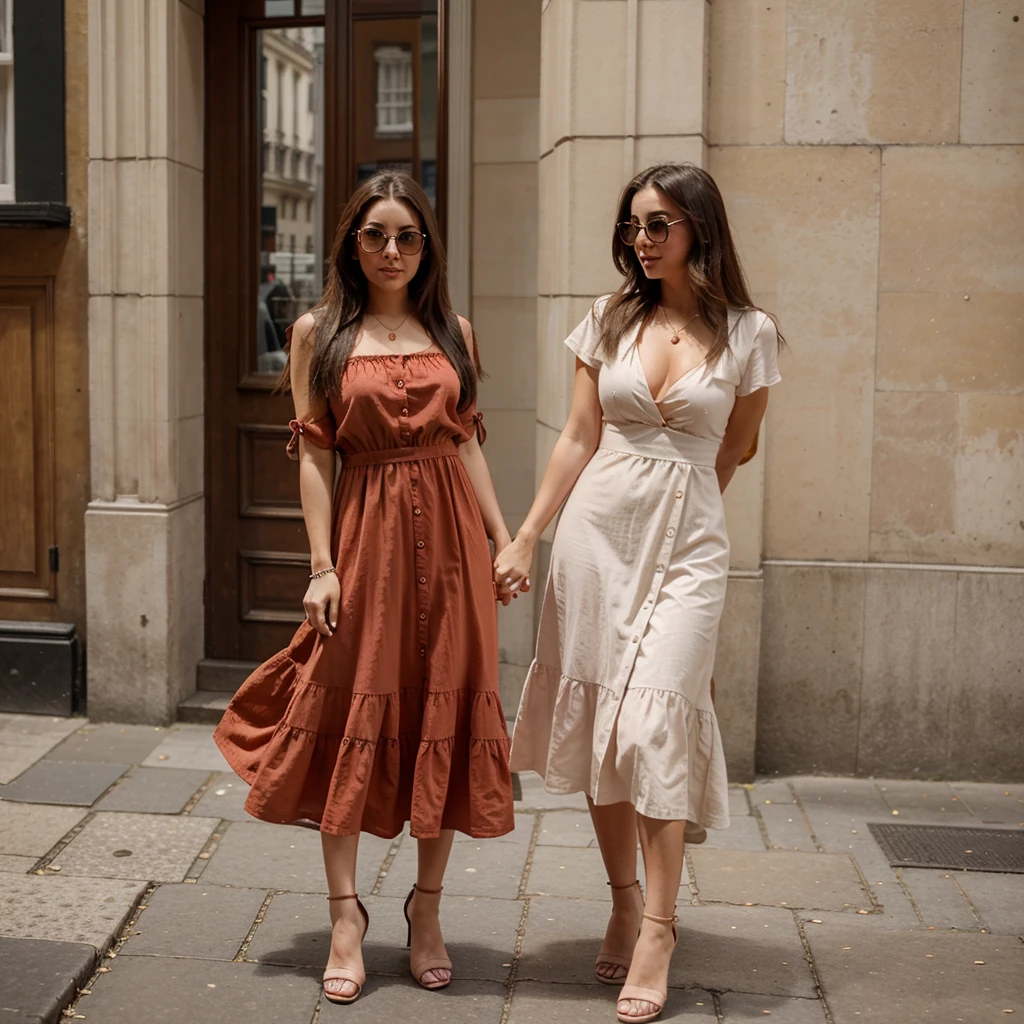 Dame mas imagenes de la mujer, en london, con gafas de sol, con vestido rojo, con escote