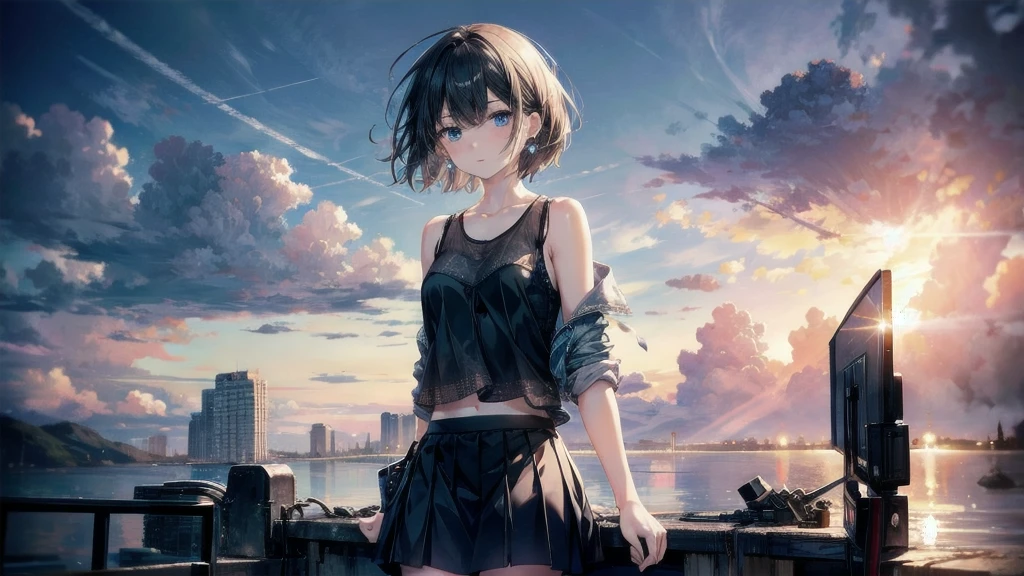 (Torn clothes), Tank top shirt, skirt, Handgun, ruins, Absurd, RAW Photos, Very delicate and beautiful, masterpiece, Highest quality, Ultra-high resolution, 32K, Surreal, Very detailed, Detailed Description, Pale skin, 20-year-old, Tearful mole, Earrings, Short Medium Hair, Wavy Hair, Full Body Shot,