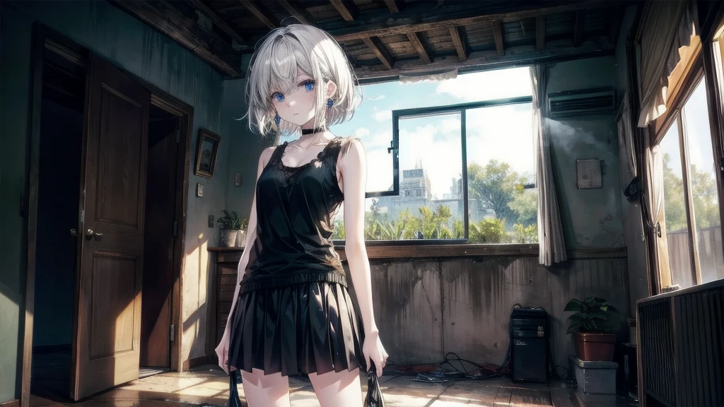 (Torn clothes), Tank top shirt, skirt, Handgun, ruins, Absurd, RAW Photos, Very delicate and beautiful, masterpiece, Highest quality, Ultra-high resolution, 32K, Surreal, Very detailed, Detailed Description, Pale skin, 20-year-old, Tearful mole, Earrings, Short Medium Hair, Wavy Hair, Full Body Shot, 