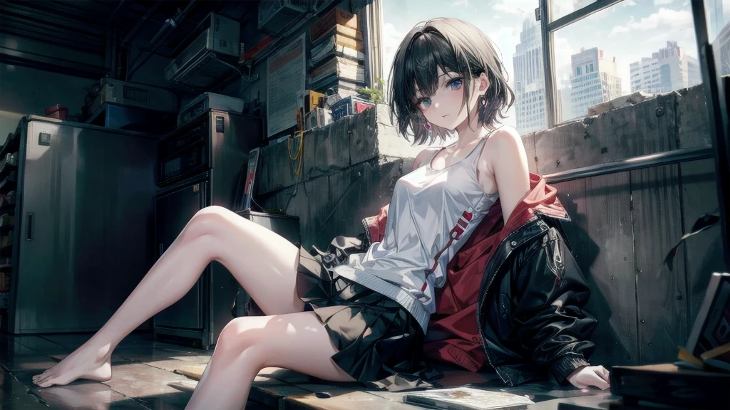 (Torn clothes), Tank top shirt, skirt, Handgun, ruins, Absurd, RAW Photos, Very delicate and beautiful, masterpiece, Highest quality, Ultra-high resolution, 32K, Surreal, Very detailed, Detailed Description, Pale skin, 20-year-old, Tearful mole, Earrings, Short Medium Hair, Wavy Hair, Full Body Shot,