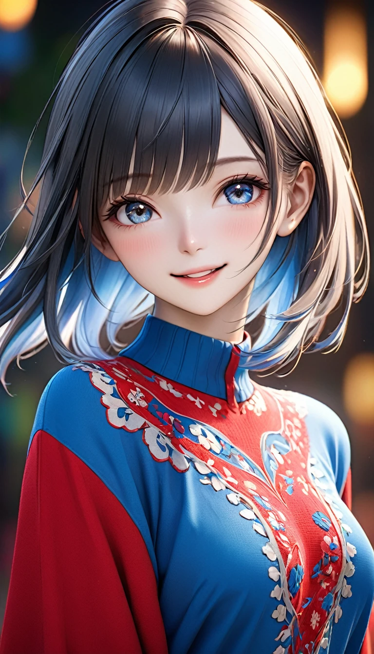 (Highest quality, 8k, 32K, masterpiece, Ultra-high resolution):1.2, Blurred Background, Great photo with beautiful saturation, Ultra-high resolution,(Realistic:1.4)),Deep Shadow,(Highest quality), ultra Realistic,32K,Highly detailed CG Unity, Expressive eyes, Perfect Face, Perfect Anatomy, Perfect body, scene, One Girl, Open your mouth, Middle-length hair with bangs, Provides moisture to the eye area, Textured skin, Highest quality, 8k, Blurred Background, smile, A woman with perfect style, (Colorful patterns(Red and blue embroidery)girl' China dress:1.2), look forward to, Looking into the camera,(I can see your chest),
