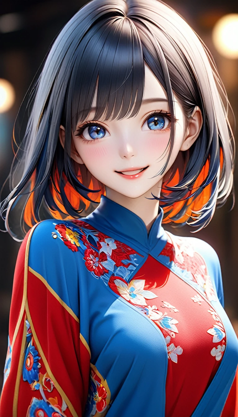 (Highest quality, 8k, 32K, masterpiece, Ultra-high resolution):1.2, Blurred Background, Great photo with beautiful saturation, Ultra-high resolution,(Realistic:1.4)),Deep Shadow,(Highest quality), ultra Realistic,32K,Highly detailed CG Unity, Expressive eyes, Perfect Face, Perfect Anatomy, Perfect body, scene, One Girl, Open your mouth, Middle-length hair with bangs, Provides moisture to the eye area, Textured skin, Highest quality, 8k, Blurred Background, smile, A woman with perfect style, (Colorful patterns(Red and blue embroidery)girl' China dress:1.2), look forward to, Looking into the camera,(I can see your chest),