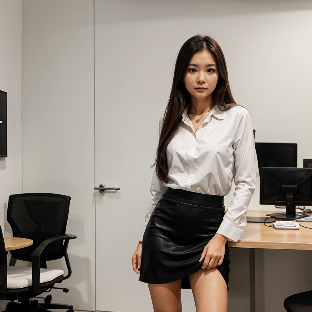 1girl in, 30 years old, Square face, Long hair, Looking at viewer, jewelry, Reality, Sexy, Short skirt outfit, , office background, free pose