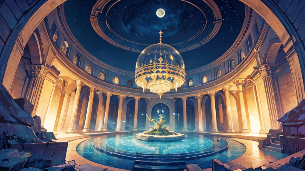 Fantasy,Symmetry,starry night,the dream lands,Round library,Large Crystal Tree,celtic,Dark,Night,deserted palace,moon,shoot from below