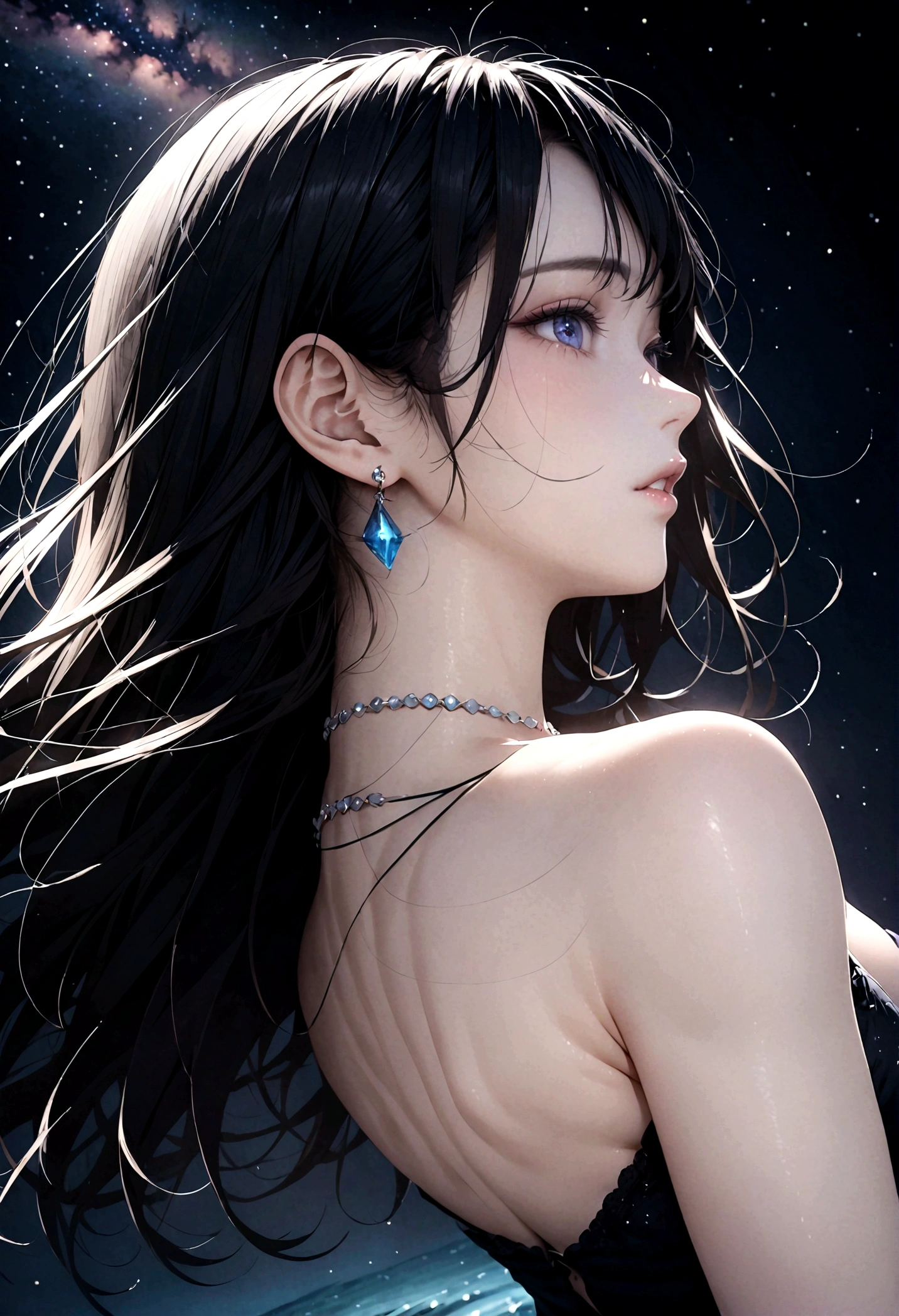 8k, masterpiece, RAW Photos, highest quality, Realistic, Very detailed, Depth of written boundary, Cinematic Light, Anatomically correct body,
An elegant beautiful mature woman, Very beautiful face, Exquisitely detailed face, (A gentle, calm face like a goddess:1.4), Very delicate skin texture, Transparent muscle, Shiny white skin, Glamorous Body,
(Wavy black long hair:1.2), Sexy Breasts, Sexy ass,
(White hentai swimsuit:1.4), (Detailed cloth texture:1.2), (Body chain accessory with detailed jewel studded embellishments:1.3), (Gorgeous necklace:1.1), (Gorgeous earrings:1.1),
(Dark starry background:1.4), (Milky Way:1.1), (milky way:1.1), (shooting star:1.1), (Dark coastline at night:1.4), (Pitch black sea surface:1.4),
(Low angle shot:1.8),