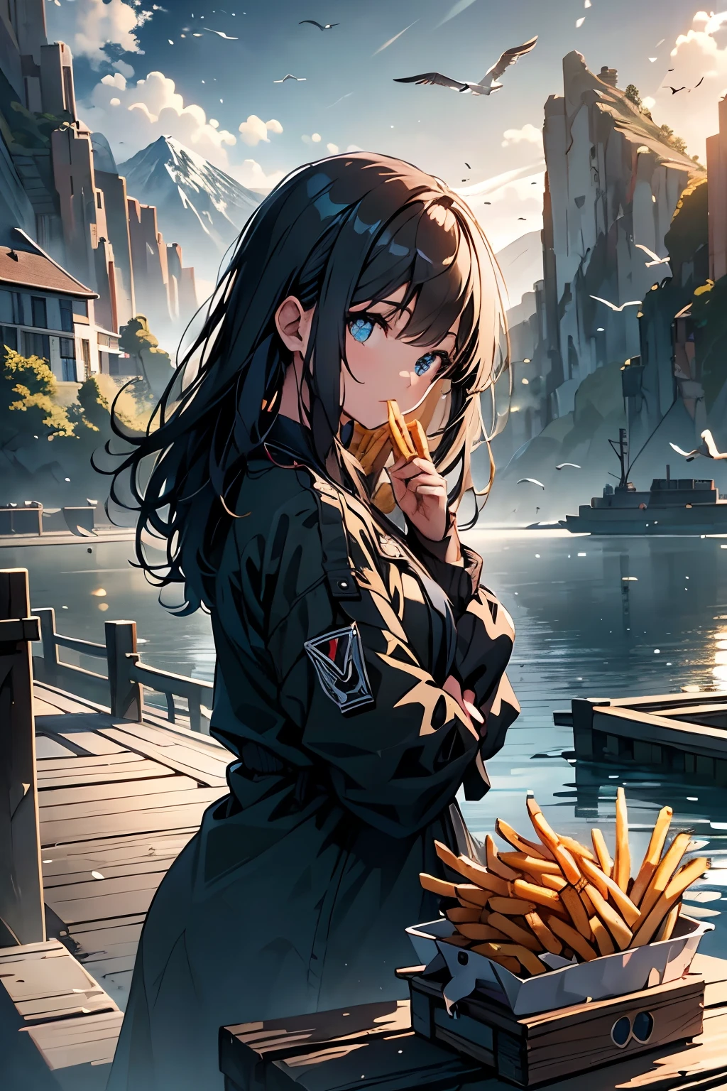 a girl on a stone dock eating french fries, surrounded by seagulls flying around, serene island and mountains in the background, beautiful detailed eyes, extremely detailed face, photorealistic, 8k, high quality, cinematic lighting, rich colors, beautiful landscape