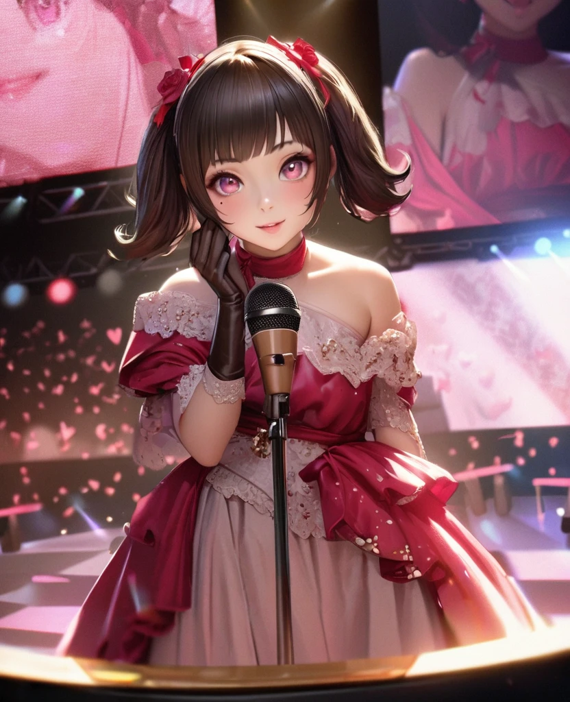 One Girl、Looking at the audience、
Beautiful pink eyes、short twin tail  hair , Mole under the eye、Plump and glossy lips、Heart-shaped choca、Idol、Her name is Rico,smile、With a microphone in handー、。.。.。.。.。.。.。.。.。.。.。.。.。.。.。.。.。.。.3D、Realistic、
off shoulder dress, Drape clothes、gem、The decoration has been removed、Floral、Lace trim,On a glittering stage、
masterpiece、highest quality、8k、Detailed skin texture、Detailed cloth texture、Beautifully detailed face、Intricate details、Very detailed、
超A high resolution、8k Ultra HD、Film Grain、Best Shadow、delicate、Gazing at the audience、front