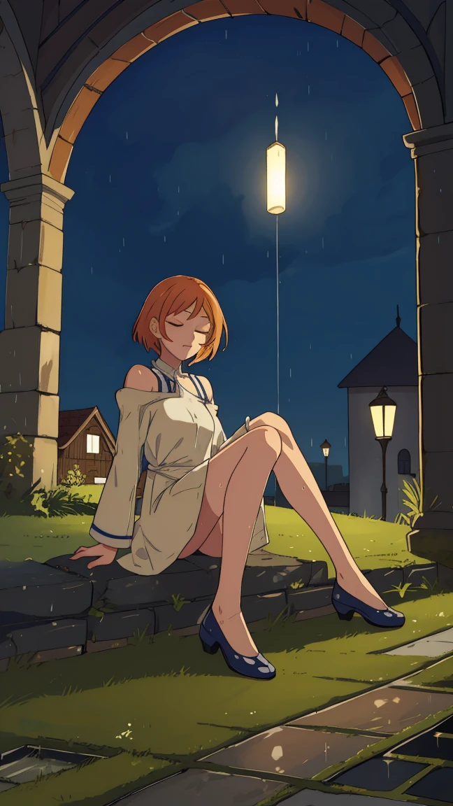 Edouard, Dans la pluie, pieds nus, pleuvoir fort, Tout le corps, pieds dans une flaque d'eau, Les mains en l'air, Regardant le ciel, eyes closed, (((fond de champ))) souriant, wet clothes, cheveux humide, vêtements collant à la peau, diaphragme,cheveux roux,chemise blanche,off shoulder,clavicule,bronzage de la peau, short cycliste noir,des lunettes de protection, yeux marrons, souriant, seins, clivage (incredibly detailed, beautiful detailed face, chef-d'artwork, best quality),