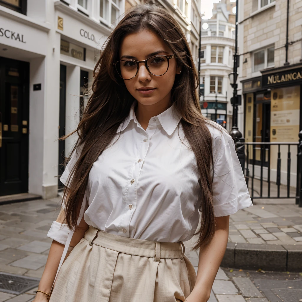 Dame mas imagenes de la mujer, en london, con gafas de sol, con camisa un poco desabrochada, de color blanco, con escote