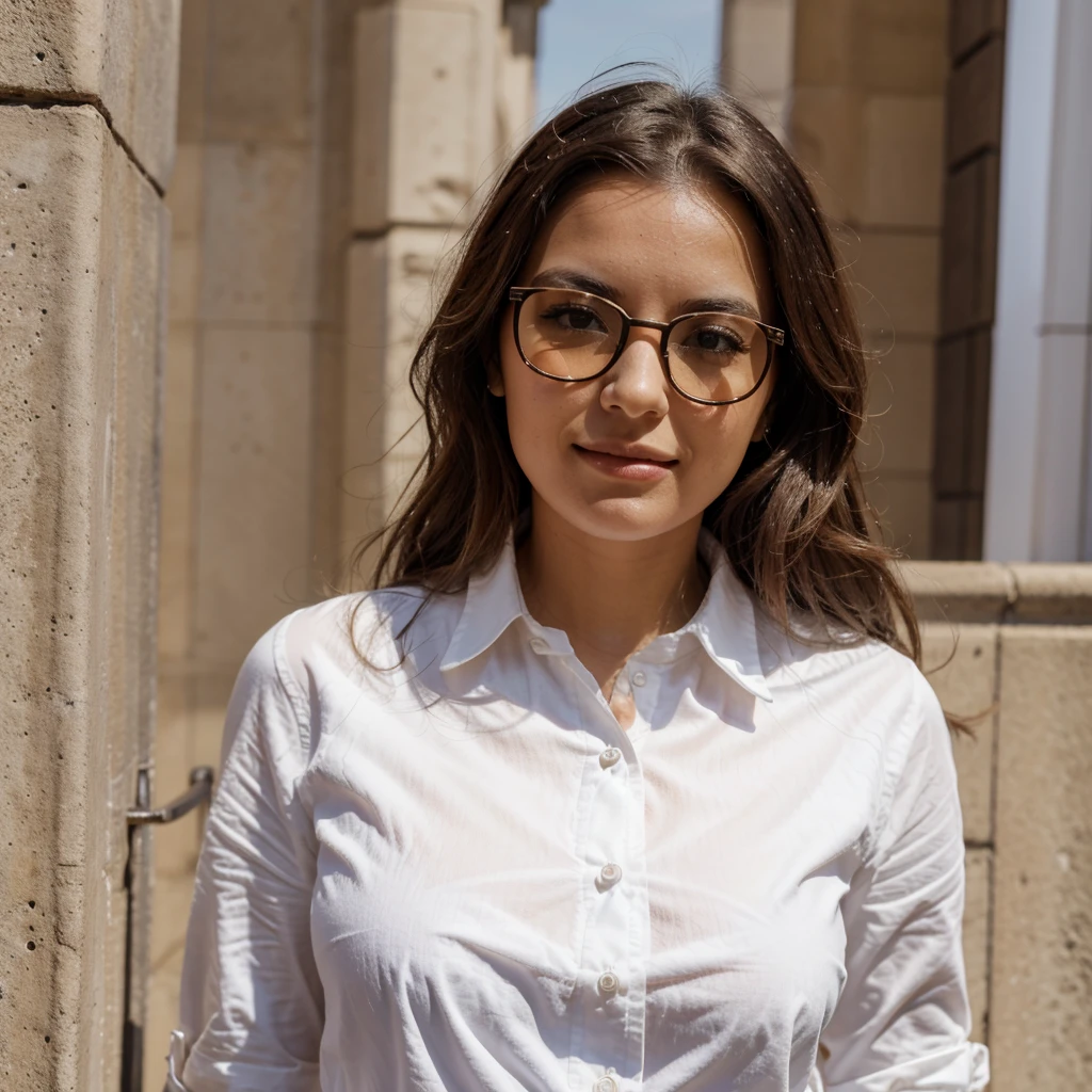Dame mas imagenes de la mujer, en london, con gafas de sol, con camisa un poco desabrochada, de color blanco, con escote
