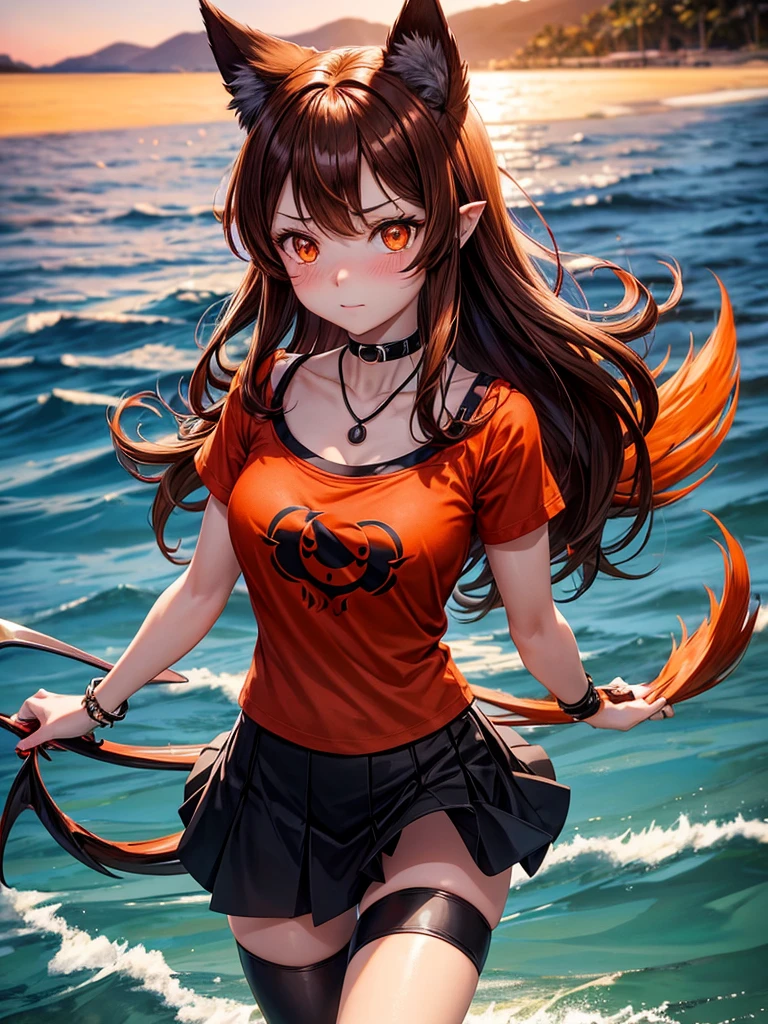 Anime, 1girl, brown hair, orange hair tips, orange eyes, glowing eyes, fiishnet leggings, red shirt with black bow, mini-skirt, soft smile, blush, day, beach, sun, sunlight, hellhound girl, hellhound, one tailed girl, black spike choker, wolf ears, black spike bracelets, fire ears