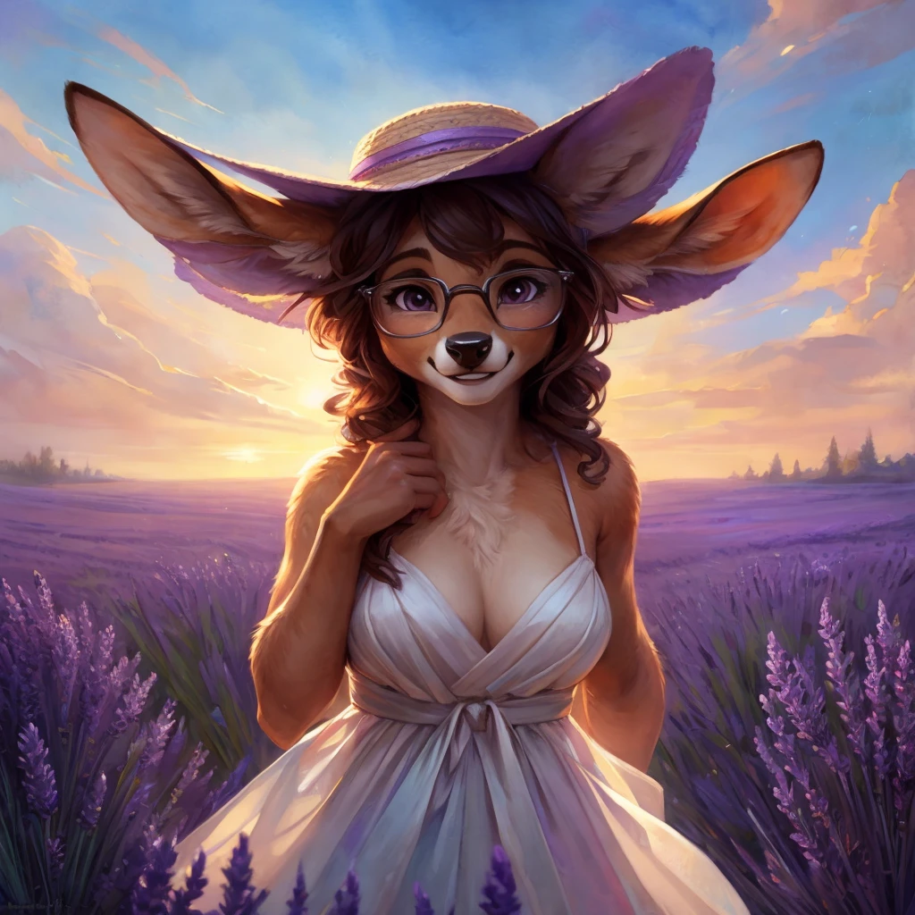 uploaded on e621, watercolor look, by Pixelsketcher, by Bayard Wu, by Thomas Benjamin Kennington , by Einshelm, by hioshiru and kenket, Chunie, portrait, solo anthro female deer doe, with small featureless breasts, clear dark blue, cinematic lighting, day, sunny day, lavender field, stays in a lavender field, lavender field background, mediterranean background, horizon background, shiny, short curly dark brown hair, wears big black nerd glasses, very very beautiful furry art, furry art, smiling, joyful, shiny, happy, feminine, cute face, muzzle, fluffy chest, flawless face, Fallow deer, 1girl, Sakimichan is beautiful, Masterpiece, Wavethesallow Face, shiny, Detailed image, portrait, Detailed image, portrait, full body, wears pure white spaghetti straps dress, wears big and wide beige summer straw hat, shiny, realistic face, perfect anatomy, hourglass body, (furry body:1.1), anthropomorphic deer, looks at the viewer, small fluffy tail, detailed background, (cute anatomy:1.1), stands in a lavender field
