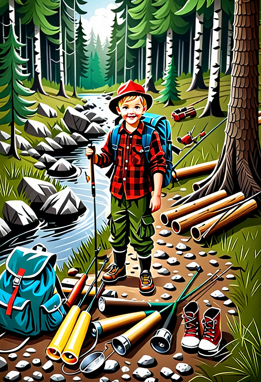 little lumberjack, went camping with his friends in the woods, they go with backpacks and fishing rods in their hands.