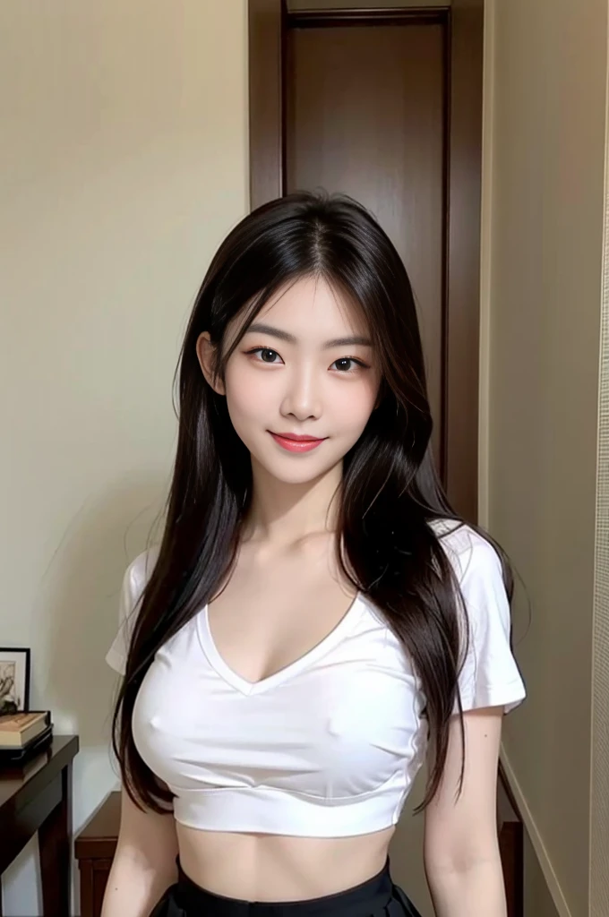 arafed asian woman in a white shirt wearing red bra inside and black skirt posing for a picture, a picture by Oliver Sin, trending on cg society, shin hanga, korean girl, gorgeous young korean woman, beautiful asian girl, beautiful south korean woman, gorgeous chinese model, young and cute girl, beautiful young korean woman, asian girl, wearing a red cute top, korean woman, smile, closed lips,