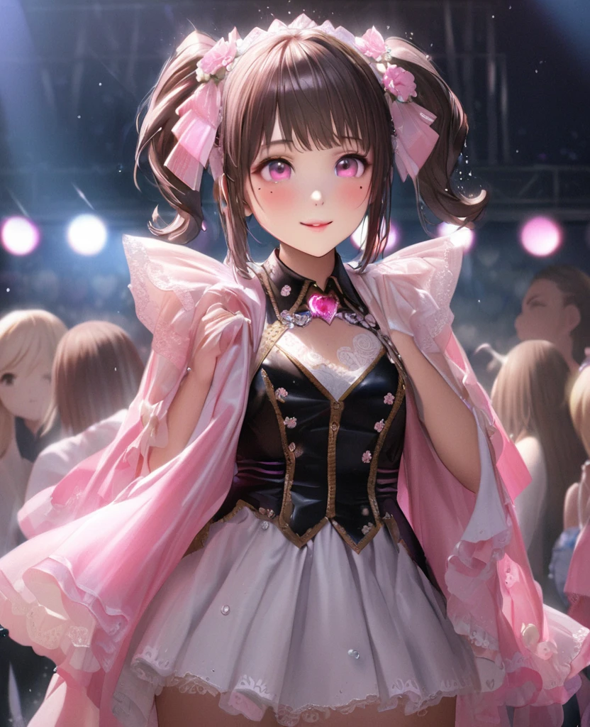 One Girl、Looking at the audience、lovely,
Beautiful pink eyes、short twin tail hair , Mole under the eye、Plump and glossy lips、Heart-shaped choca、Idol、Her name is Rico,smile、ー、。.。.。.。.。.。.。.。.。.。.。.。.。.。.。.。.。.。.3D、Realistic、
The idol's costume was soaked in the heavy rain, and her chest was wet and transparent.Heavy rain at outdoor concert, Drape clothes、gem、The decoration has been removed、Floral、Lace trim,On a glittering stage、
masterpiece、highest quality、8k、Detailed skin texture、Detailed cloth texture、Beautifully detailed face、Intricate details、Very detailed、
超A high resolution、8k Ultra HD、Film Grain、Best Shadow、delicate、Gazing at the audience、front