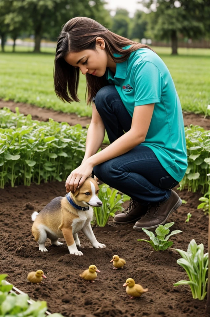 Girl planting vegetables, ducklings, puppies
