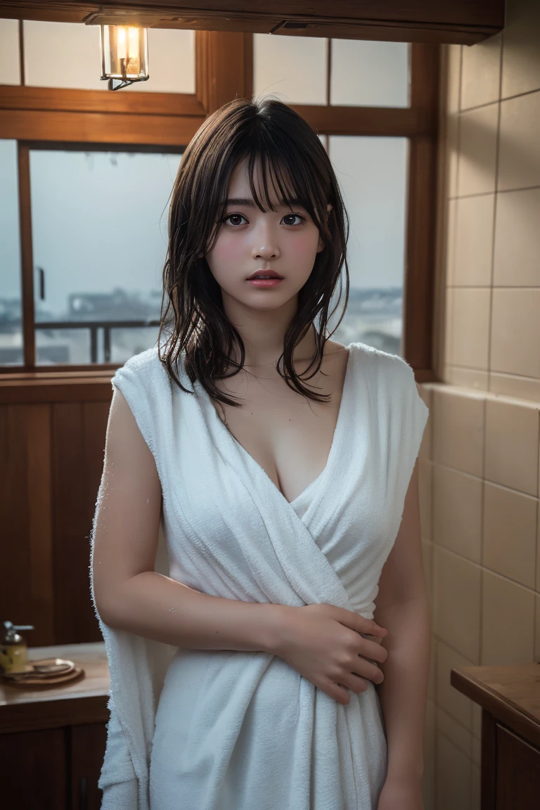 (Highest quality:1.4),(masterpiece:1.4),(Realistic:1.4),(Realistic:1.2),(超High resolution, RAW Photos:1.4),(High resolution, Ultra-detailed:1.2),(8k:1.2),View your viewers,Cinematic photography,a photo of a dark-haired,One girl,alone,((After bath,Completely naked,Damp Hair,Wrap a bath towel around your body,View from the front)),skeletally correct,(Western-style building interior,Dimly lit room,The lamplight shines on my cheeks)
