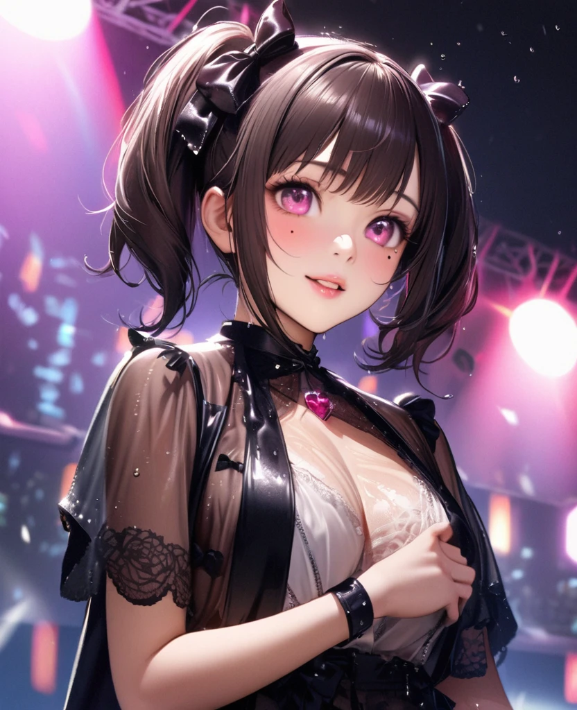 One Girl、Looking at the audience、lovely,
Beautiful pink eyes、short twin tail hair , Mole under the eye、Plump and glossy lips、Heart-shaped choca、Idol、Her name is Rico,smile、ー、。.。.。.。.。.。.。.。.。.。.。.。.。.。.。.。.。.。.3D、Realistic、
The idol's costume was soaked in the heavy rain, and her chest was wet and transparent.Heavy rain at outdoor concert, Drape clothes、gem、The decoration has been removed、Floral、Lace trim,On a glittering stage、
masterpiece、highest quality、8k、Detailed skin texture、Detailed cloth texture、Beautifully detailed face、Intricate details、Very detailed、
超A high resolution、8k Ultra HD、Film Grain、Best Shadow、delicate、Gazing at the audience、front