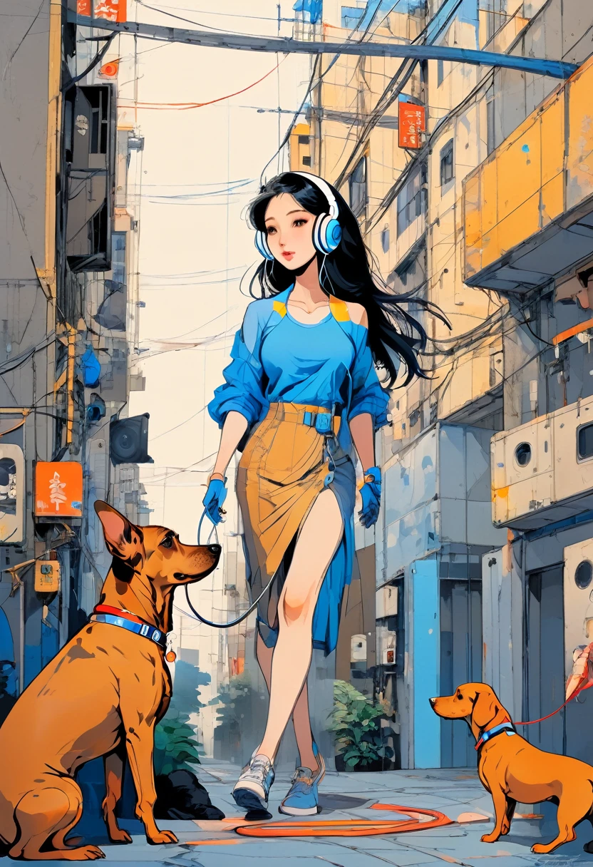 (Highest quality:0.8), (Highest quality:0.8), Perfect illustration,Portrait of a beautiful woman and her dog、image、Complex、Blueprint、Beauty with headphones、Dachshund