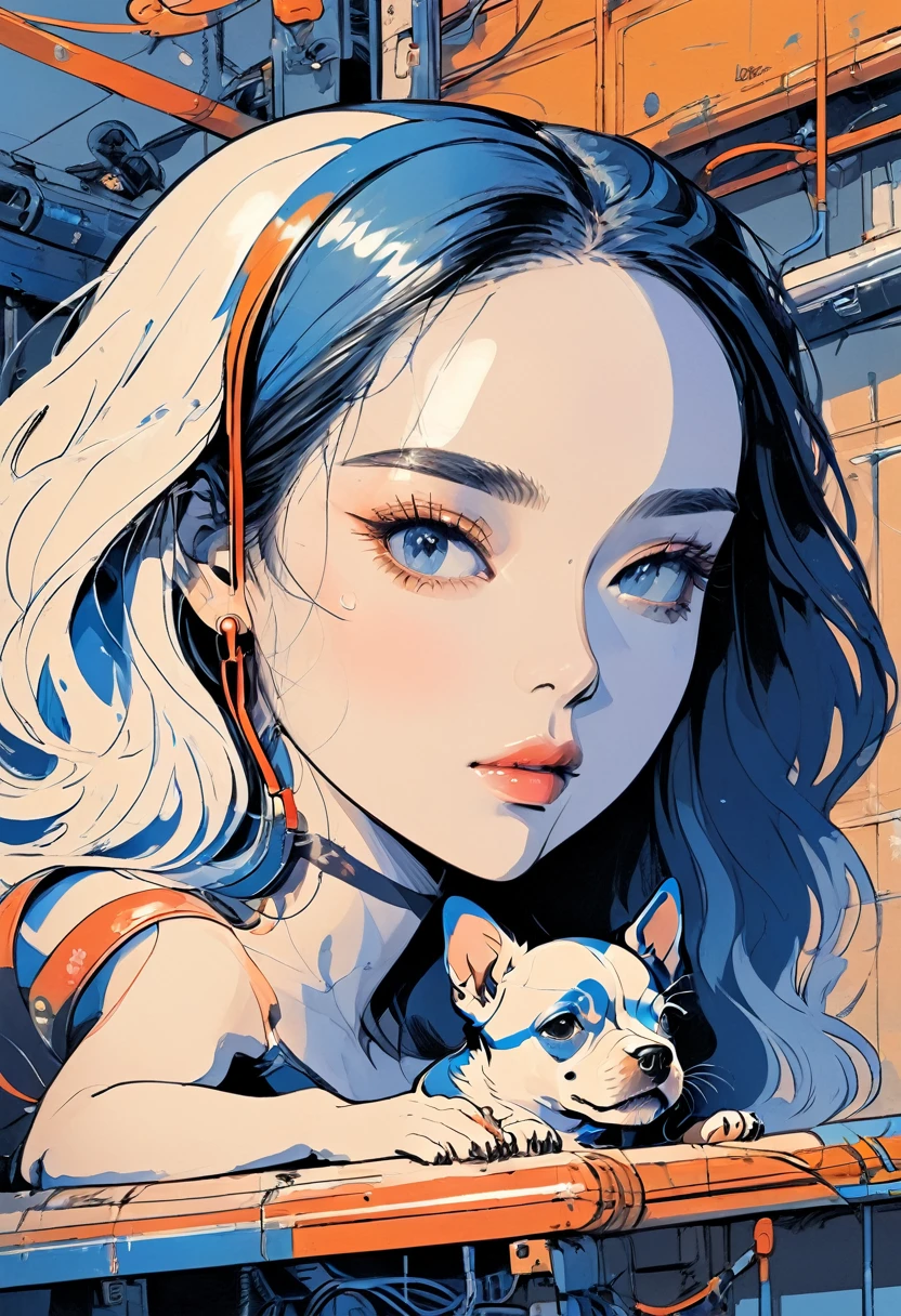 (Highest quality:0.8), (Highest quality:0.8), Perfect illustration,Portrait of a beautiful woman and her dog、image、Complex、Blueprint、Beauty with headphones、Dachshund