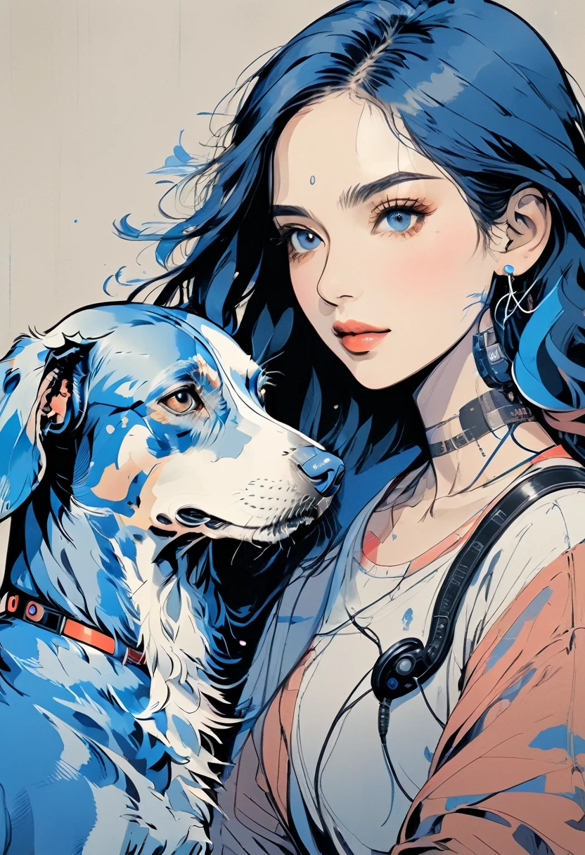 (Highest quality:0.8), (Highest quality:0.8), Perfect illustration,Portrait of a beautiful woman and her dog、image、Complex、Blueprint、Beauty with headphones、Dachshund