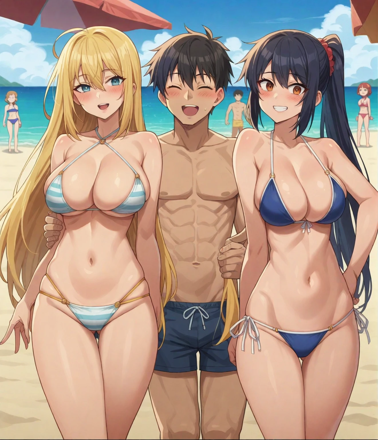 score_7_up, best quality, source_anime, anime screencap, ((1boy, 2girls)), big breasts, standing, beach, bikini, blush, smile