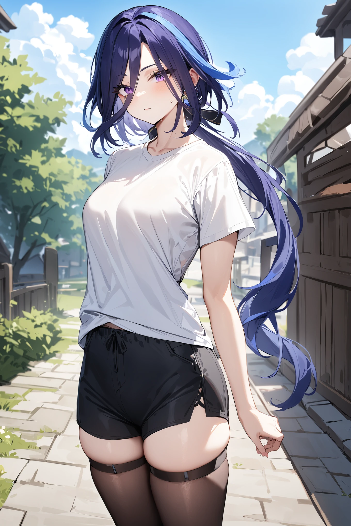 masterpiece,best quality,very aesthetic,absurdres,
clorinde \(genshin impact\),1girl,solo,purple eyes,low ponytail,blue hair,black thighhighs,looking at viewer,white t-shirt,shorts,
outdoors,standing,