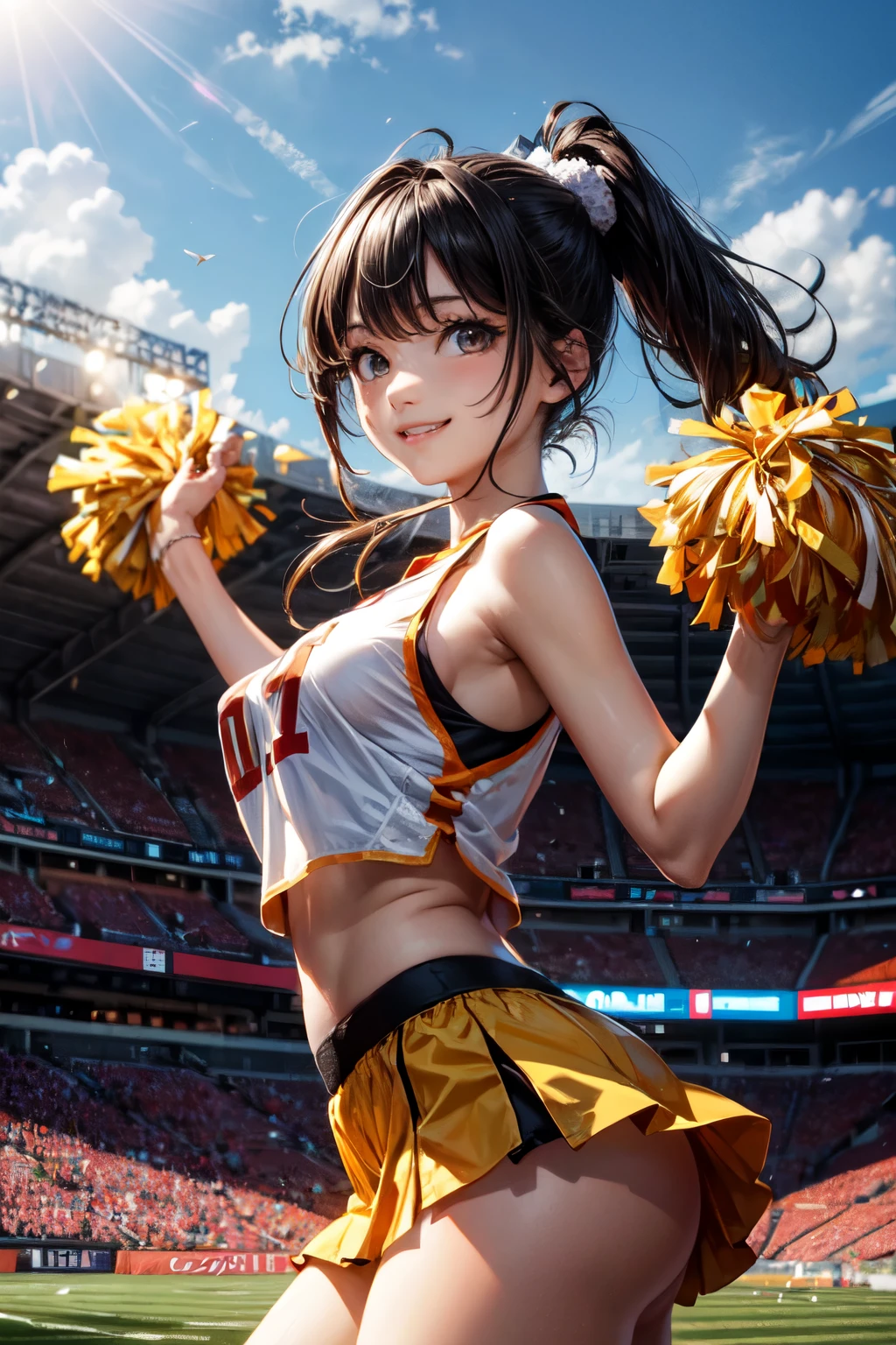 very cute and beautiful cheerleader girl,(highly detailed beautiful face and eyes),(holding pom poms:1.1),(smile:1.3),happy, (stadium stands),cowboy shot,dynamic pose,(sleeveless orange cheerleader shirt),beautiful legs, looking at viewer,black hair,hair band, (best quality,masterpiece),absurdres,highres,ultra-detailed,extremely detailed,32k,8k resolution, intricate details,cinematic scene,detailed background,solo,dynamic angle, hair fluttering in the wind,beautiful detailed sky,