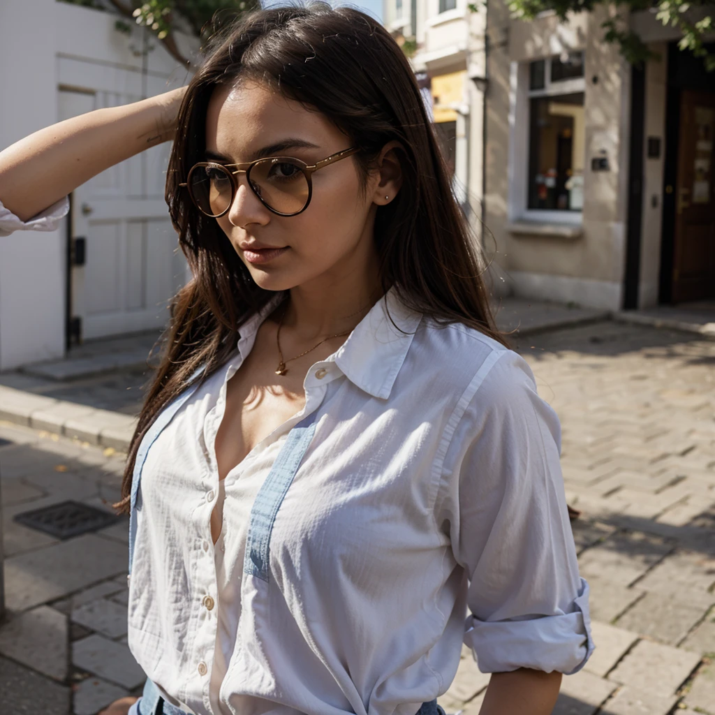 Dame mas imagenes de la mujer, en london, con gafas de sol, con camisa, con escote
