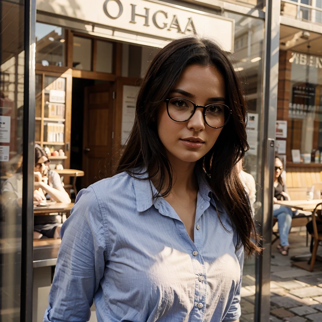 Dame mas imagenes de la mujer, en london, con gafas de sol, con camisa, con escote