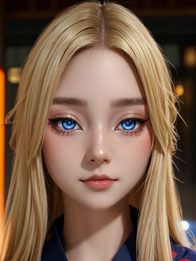 1 girl, blonde, long hair, Caucasian, kimono, realistic, photo-realistic, glowing eyes, cover half of the face