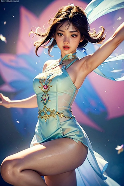 Watercolor paintingFull picture The body of the most beautiful Thai girl in her 30s is very detailed, playful, charming. International evening dresses, see-through fabric, light and flowing. Like dancing in the wind, the soft pastel colors reminded her of the wild flowers that surrounded her. The bodice is form-fitting with intricate embroidery and light-filled beading. The skirt flowed with the layers rustling softly as she moved. The overall result is timeless elegance.
