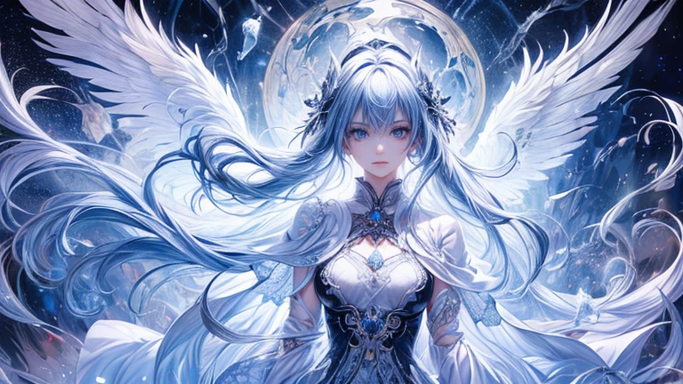 (Highest quality,8k,CG,Beautiful details upper body,,Thumb Girl,Translucent coat dress,Complex facial features,length,Flowing hair,Almond-shaped eyes,Exquisite eye makeup,length fluttering eyelashes,Blinking big eyes,Starry Sky,Exquisite lip detail,Soft and harmonious style)(Top quality), (Super detail), (Hi-res) One cute Tantra dark angel meditation girl, blue eyes, small nose, Black and blue wings, colored inner messy hair, full body Tantra tatto, metallic sexy body stockings, gothic costume, Magic Circle, Elemental, quality, gothic room, UHD, from above